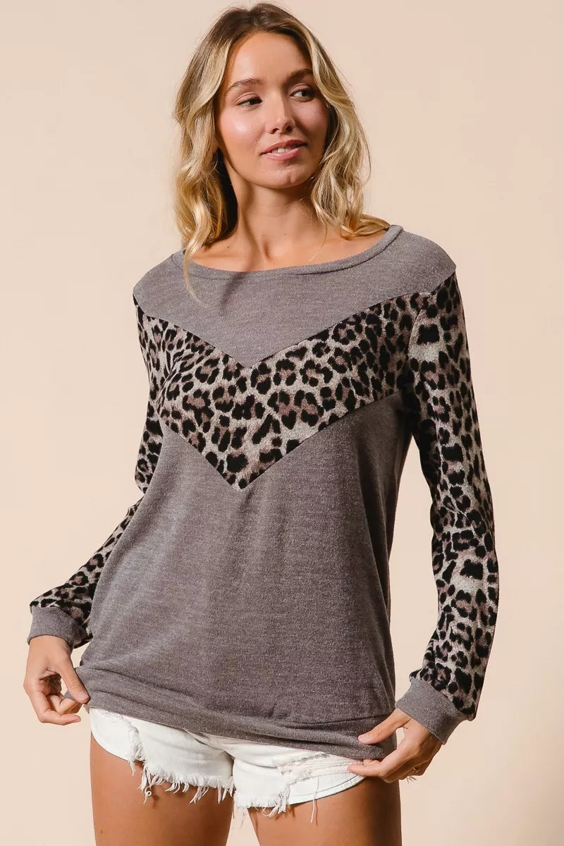 Trendsi BiBi Sweater Knit Top With Leopard V Shape Block