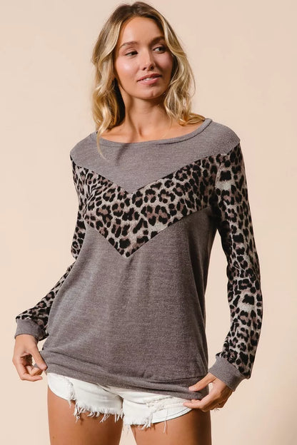Trendsi BiBi Sweater Knit Top With Leopard V Shape Block