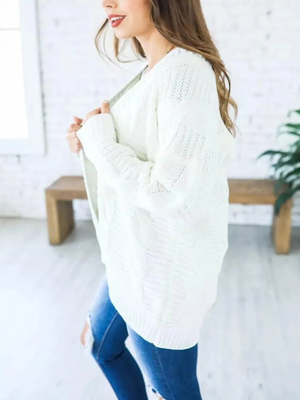 Cable-Knit Open Front Long Sleeve Cardigan Easy Apparels