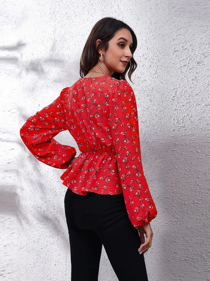 Trendsi Floral V-Neck Balloon Sleeve Peplum Blouse