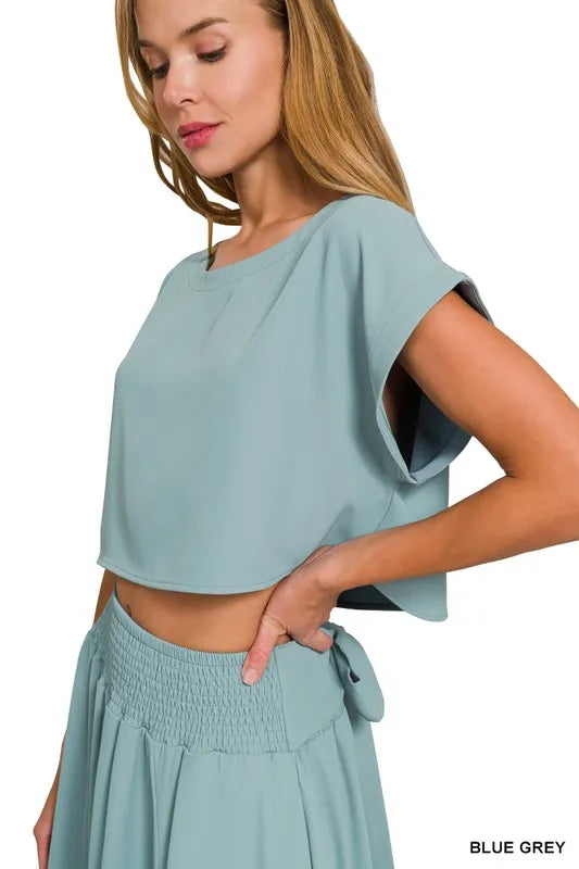 Zenana Heavy Woven Span Crop Tee & Skirt Set Easy Apparels