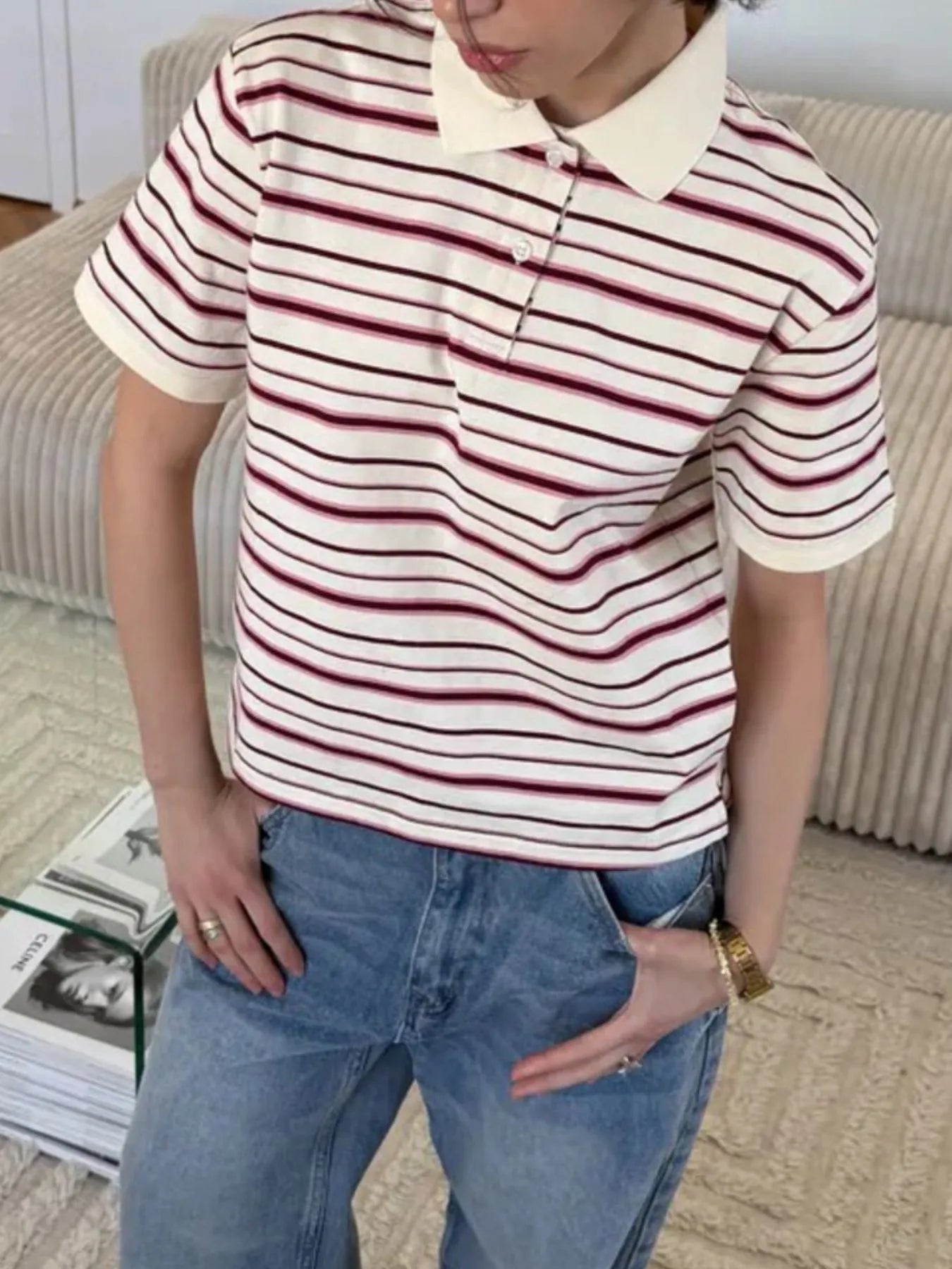 Trendsi Striped Polo T-Shirt with Contrast Collar