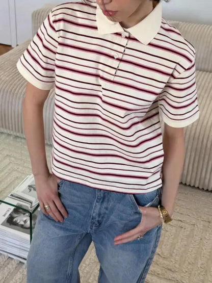 Trendsi Striped Polo T-Shirt with Contrast Collar