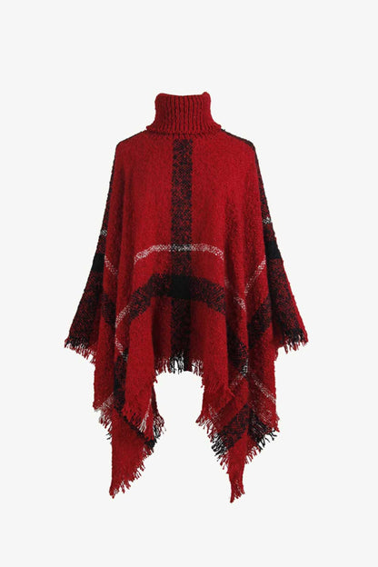 Plaid Turtleneck Raw Hem Poncho Deep Red One Size Easy Apparels