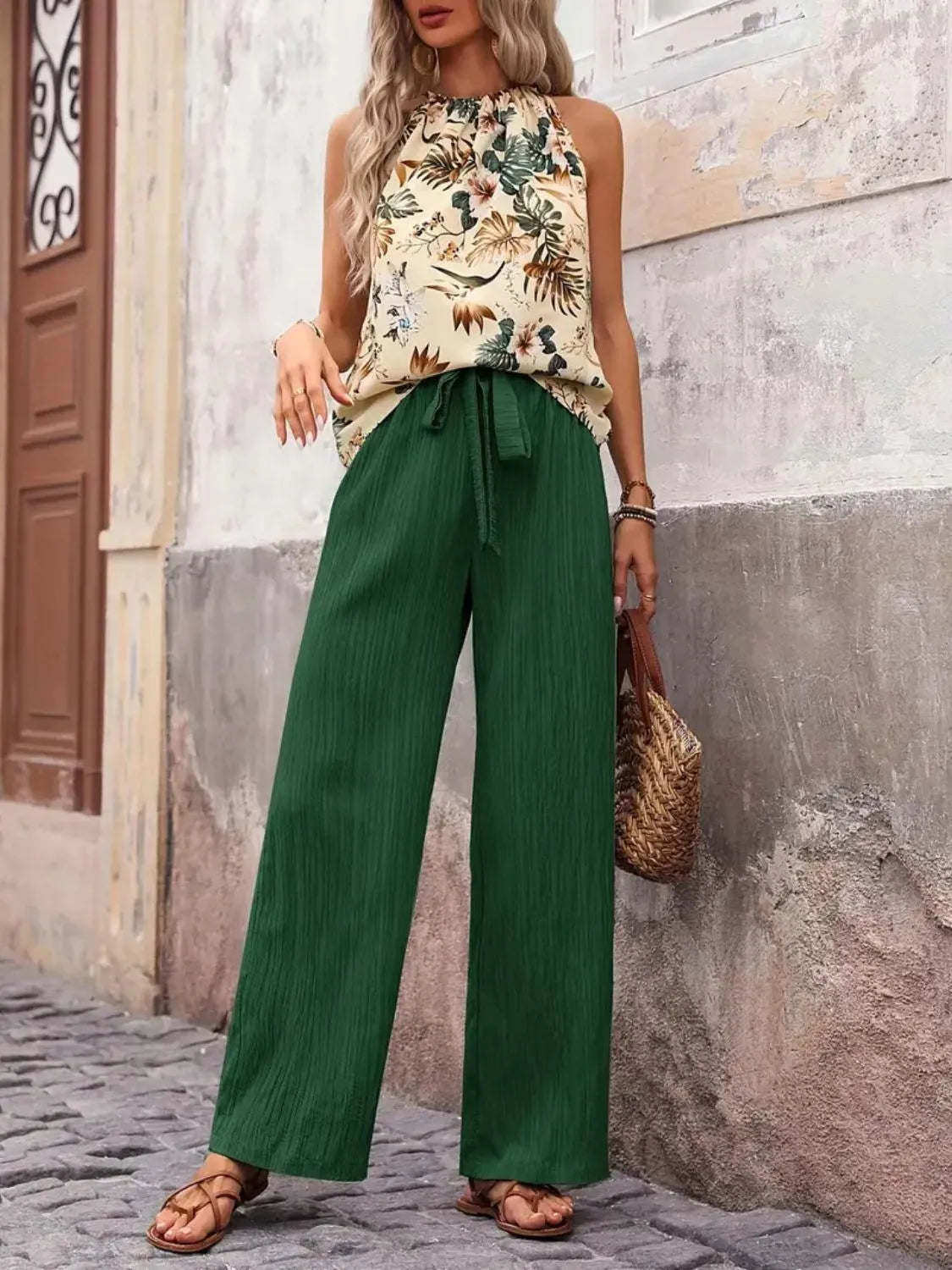 Printed Tank Top and Wide Leg Pants Set Easy Apparels