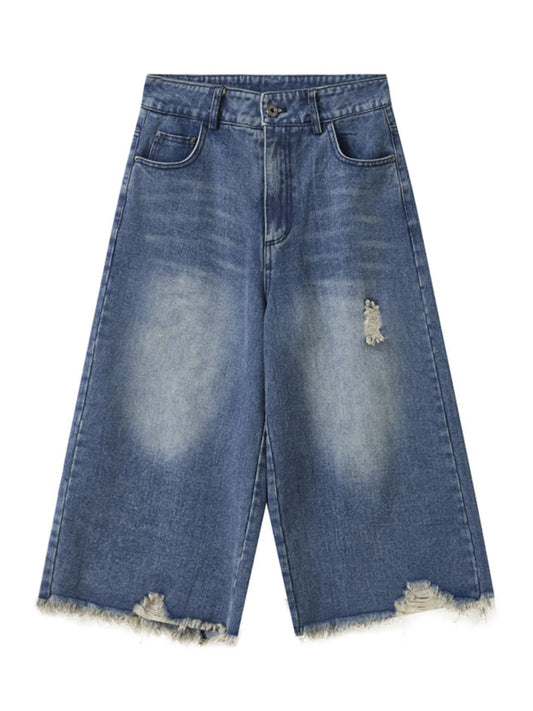 Men's Distressed Wide Leg Denim Shorts Blue Easy Apparels