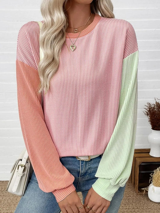 Trendsi Color Block Ribbed Long Sleeve T-Shirt Blush pink Green