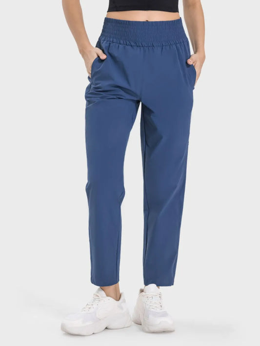 Millennia Pocketed High Waist Active Pants Peacock Blue Easy Apparels