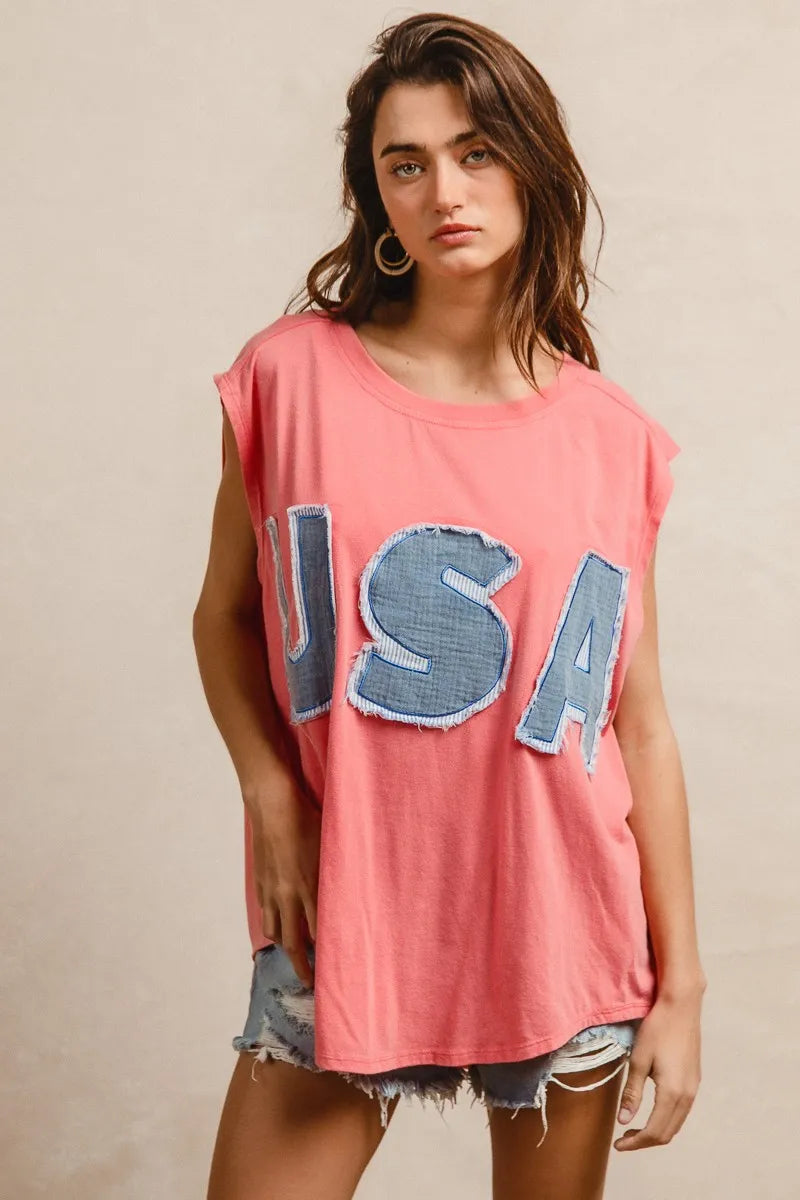 Trendsi BiBi Washed Jersey With Usa Patched Raw Cut Edge Detail