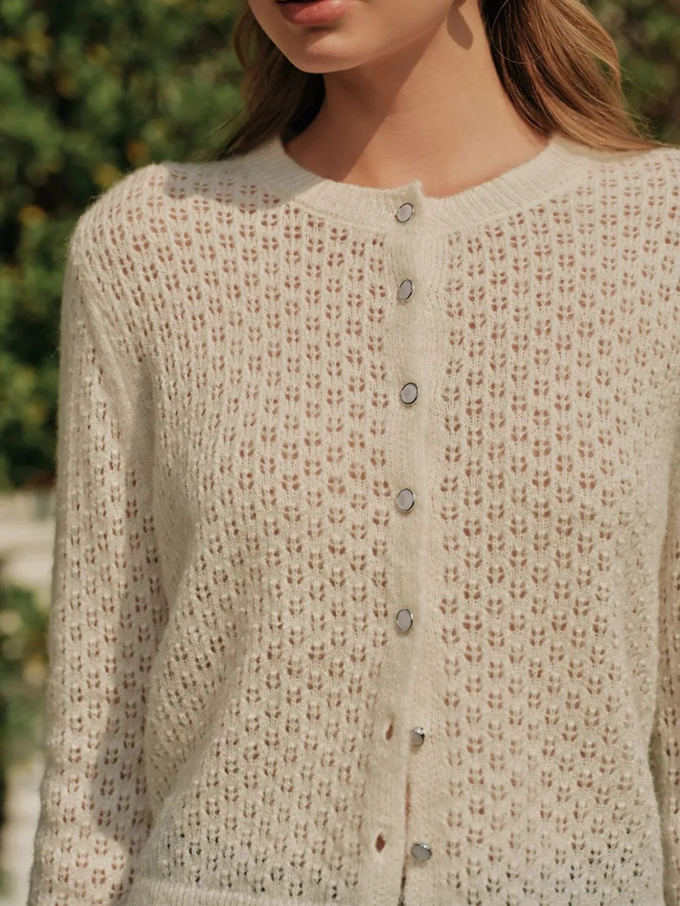 Openwork Button Up Long Sleeve Cardigan Easy Apparels