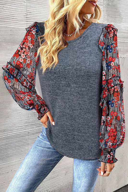 Trendsi Heathered Floral Frill Lantern Sleeve Blouse Dark Gray
