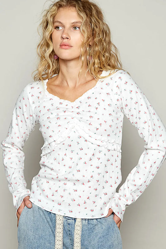 Trendsi POL Floral V-Neck Long Sleeve T-Shirt White
