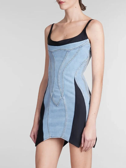 Contrast Adjustable Strap Denim Dress Blue Easy Apparels