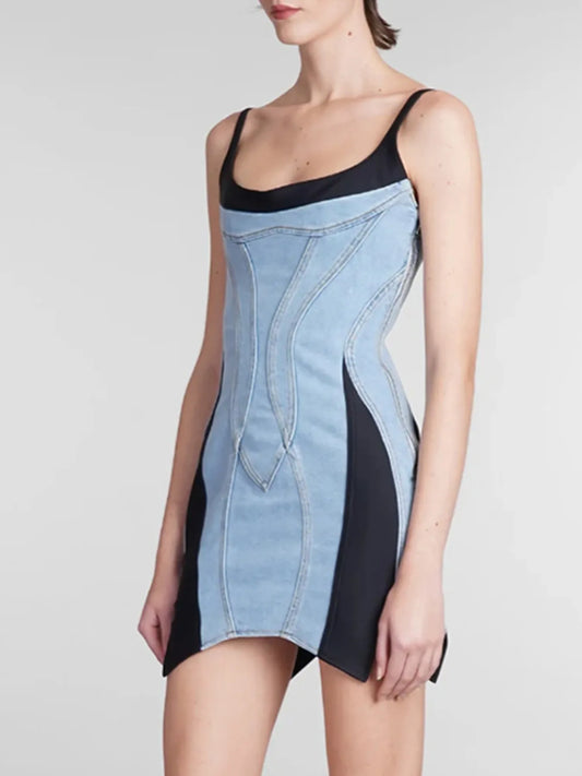 Contrast Adjustable Strap Denim Dress Blue Easy Apparels