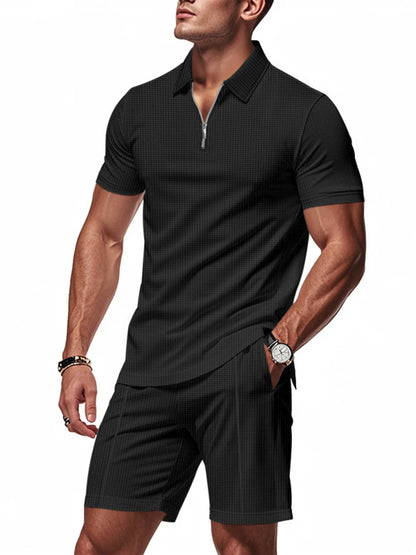 Men's Plus Size Quarter Zip Short Sleeve Top and Shorts Set Black Easy Apparels