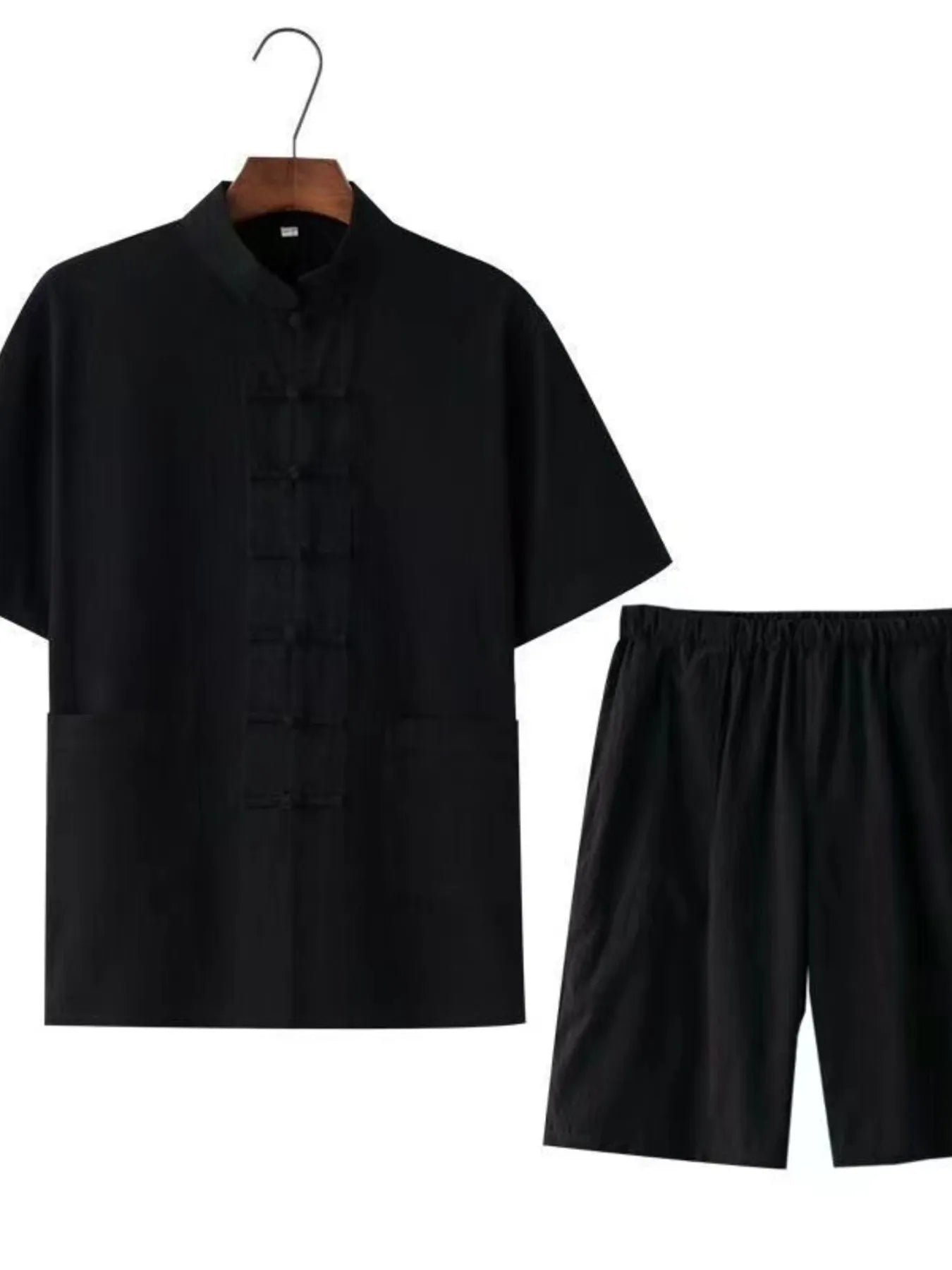 Men's Plus Size Chinese Style Top and Shorts Set Black Easy Apparels