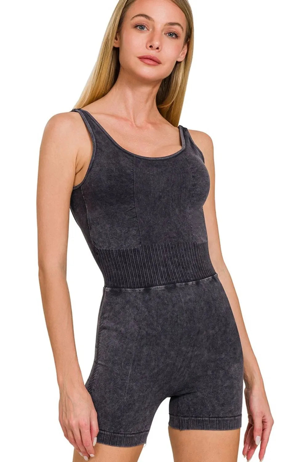 Zenana Washed Sports Romper With Removable Bra Pad BLACK Easy Apparels