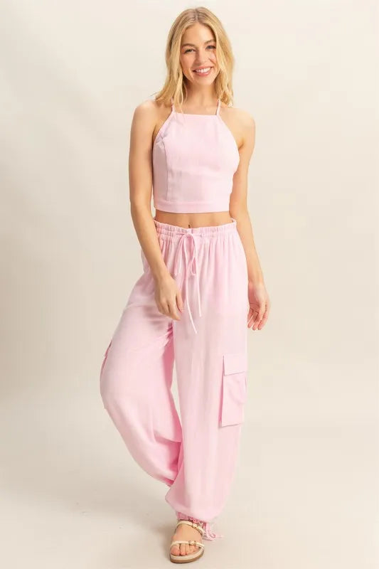 HYFVE Crop Top and Cargo Pants Set L.PINK Easy Apparels