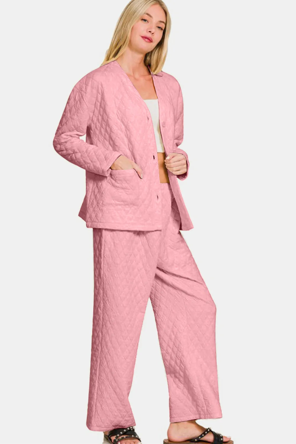 Zenana Quilted Button Up Long Sleeve Top and Pants Lounge Set Easy Apparels