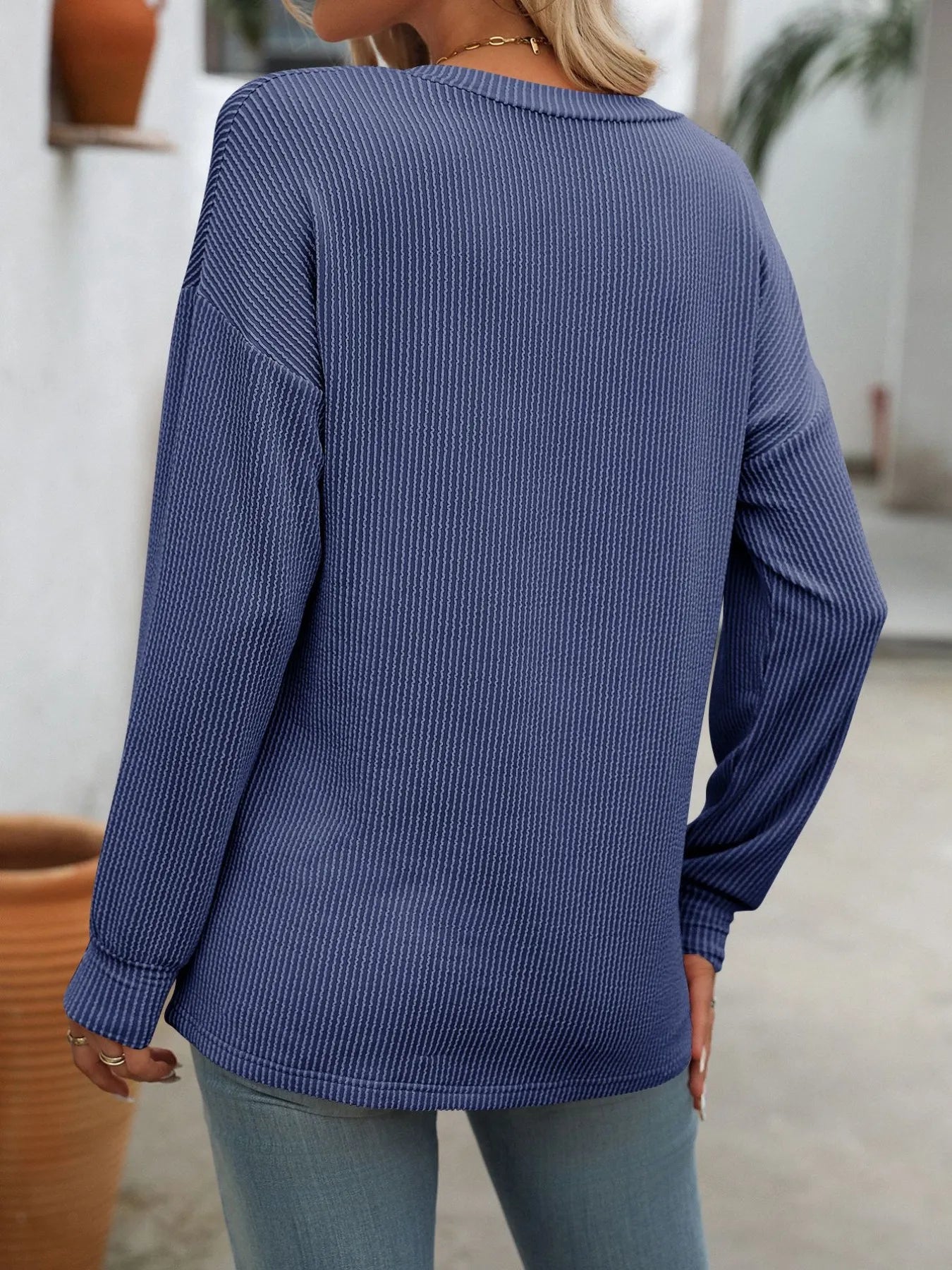 Trendsi Ribbed V-Neck Long Sleeve T-Shirt
