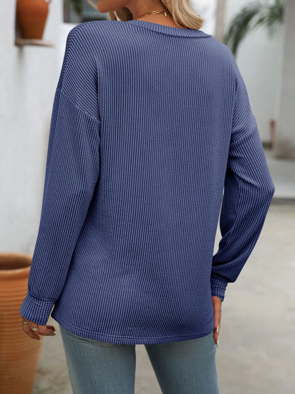 Trendsi Ribbed V-Neck Long Sleeve T-Shirt