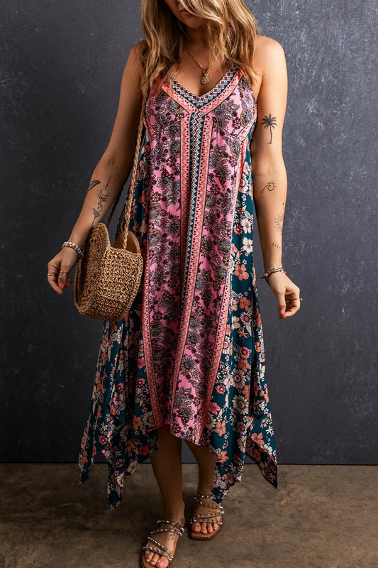 Printed V-Neck Midi Cami Dress Multicolor Easy Apparels