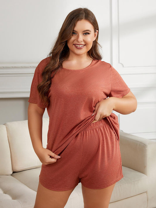 Plus Size Round Neck Short Sleeve Two-Piece Loungewear Set Rust Easy Apparels