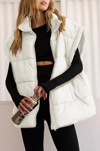 Zip Up Puffer Vest Coat with Pockets White Easy Apparels