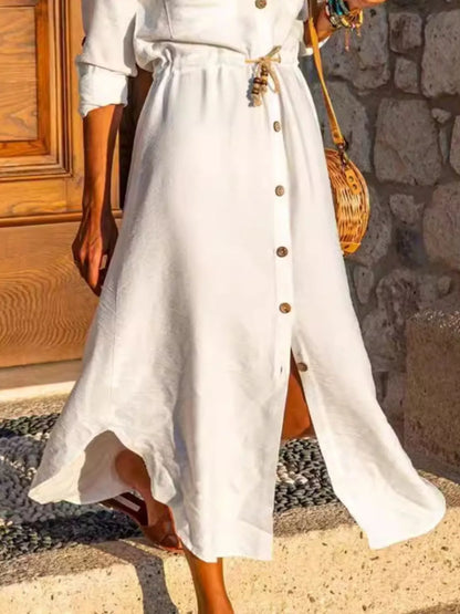 Button-Front Belted Shirt Dress Easy Apparels