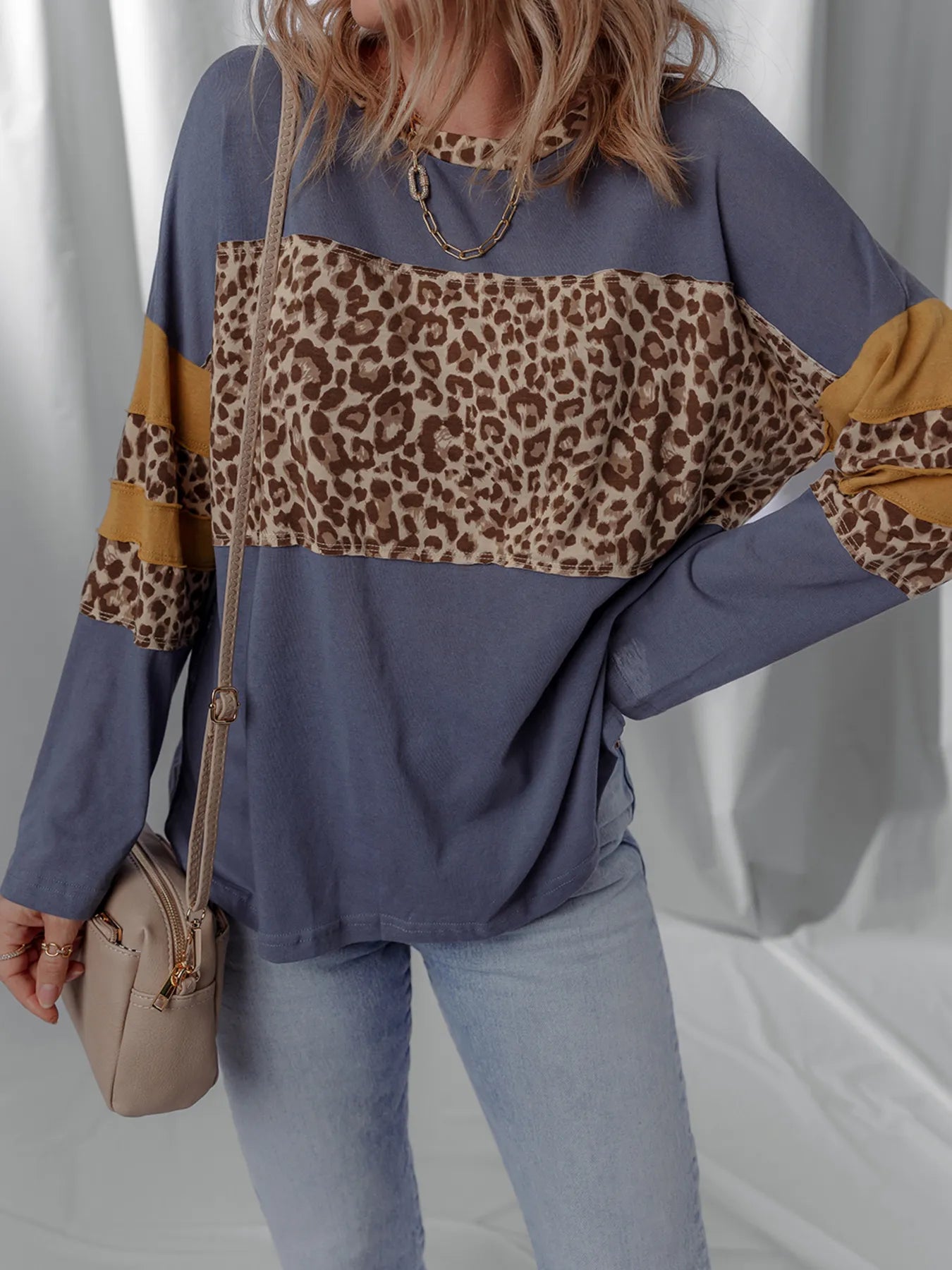 Trendsi Leopard Color Block Long Sleeve Drop Shoulder Top