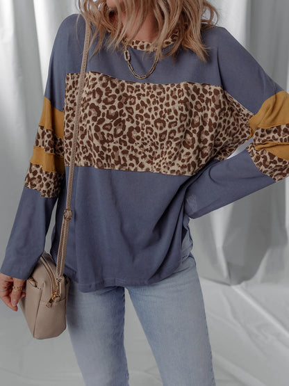 Trendsi Leopard Color Block Long Sleeve Drop Shoulder Top