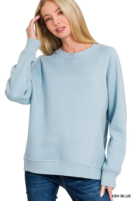Trendsi Zenana Fleece Round Neck Ribbed Side Raglan Sweatshirt