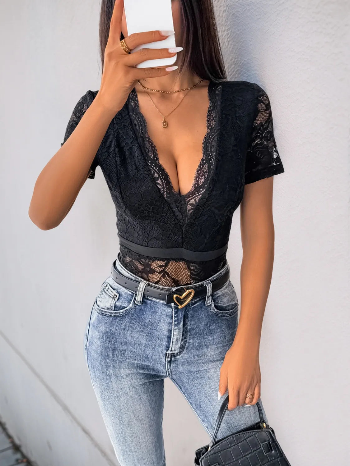 Trendsi Lace Plunge Short Sleeve Bodysuit