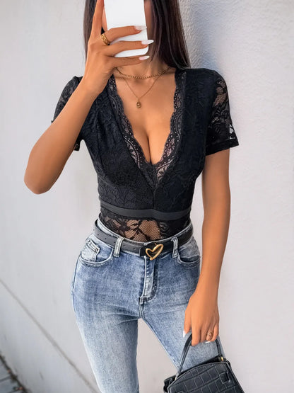 Trendsi Lace Plunge Short Sleeve Bodysuit
