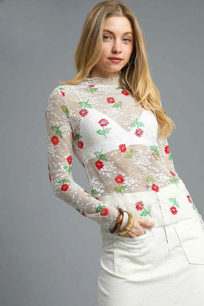 Trendsi Umgee Floral Mock Neck Long Sleeve Sheer Top White