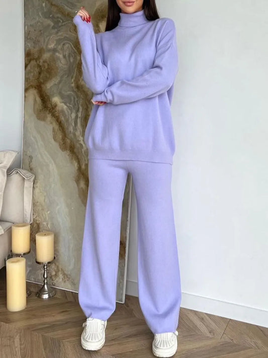 Turtleneck Long Sleeve Top and Drawstring Pants Sweater Set Blue Purple One Size Easy Apparels