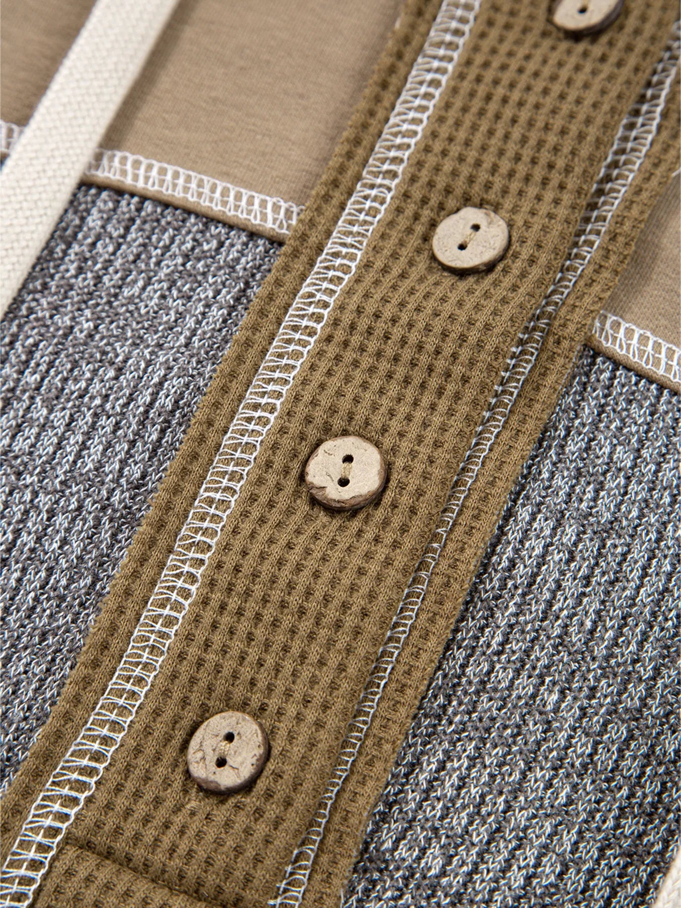 Trendsi Mixed Texture Patchwork Exposed Seam Half Button Hoodie