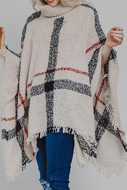 Plaid Turtleneck Raw Hem Poncho Easy Apparels
