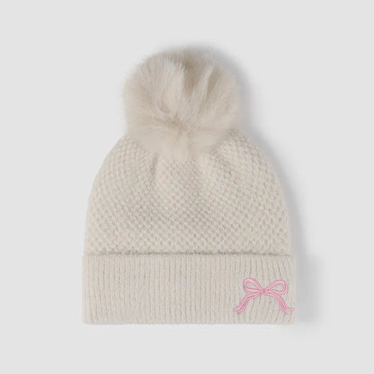 Thermal Bow Knit Hat with Pompom Beige One Size Easy Apparels