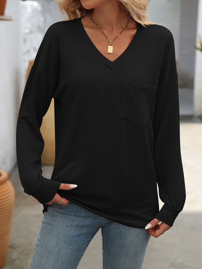 Trendsi Ribbed V-Neck Long Sleeve T-Shirt