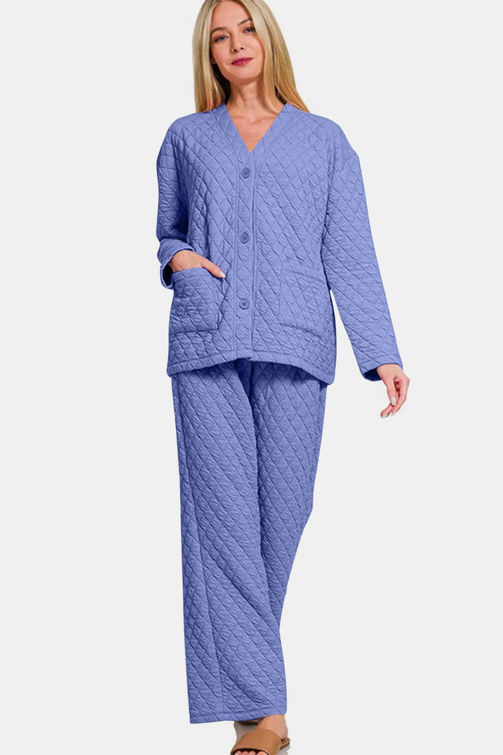 Zenana Quilted Button Up Long Sleeve Top and Pants Lounge Set Easy Apparels