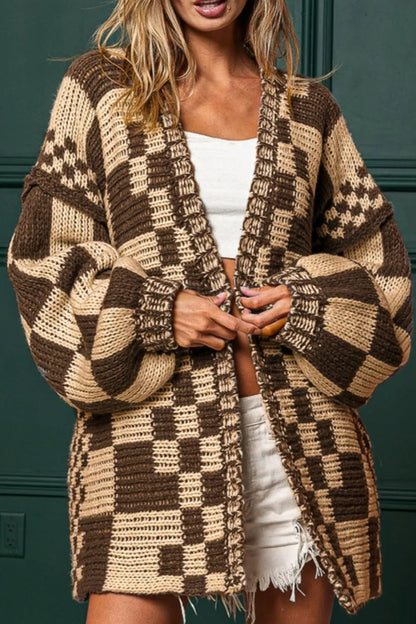 Checkered Open Front Long Sleeve Cardigan Easy Apparels