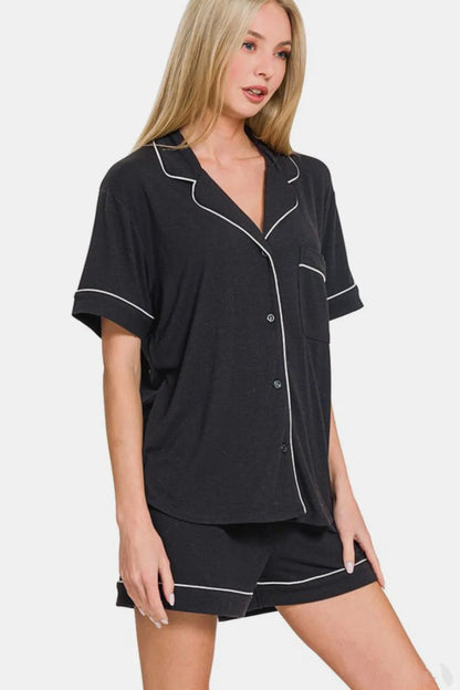 Zenana Button Down Short Sleeve Top and Shorts Lounge Set Easy Apparels