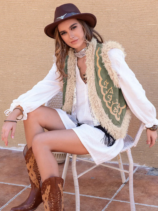 Fuzzy Trim Open Front Vest Coat Matcha Green Easy Apparels
