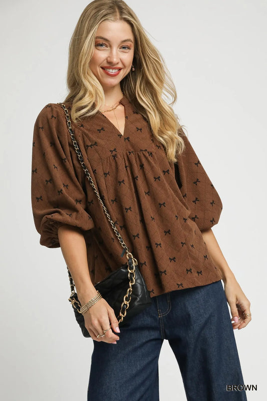 Trendsi Umgee Corduroy Bow Print Balloon Sleeve Blouse Brown