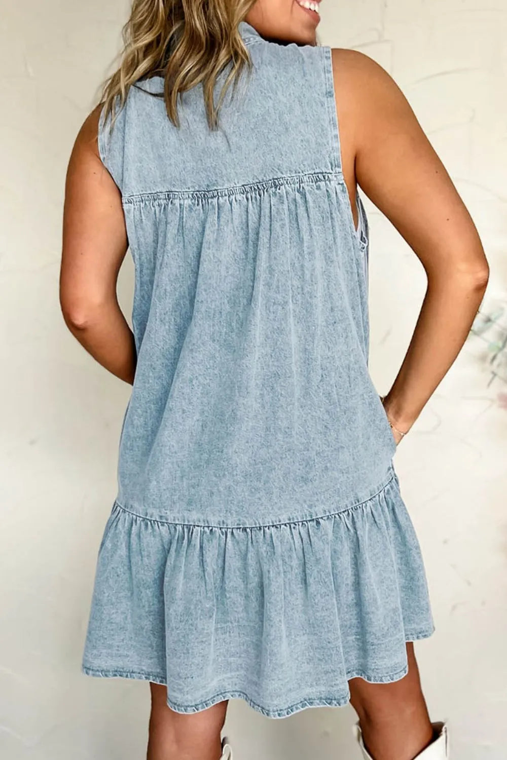 Tie Neck Sleeveless Denim Dress Easy Apparels