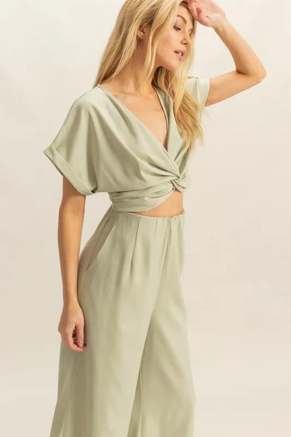 HYFVE Twisted Front Short Sleeve Top and Wide Leg Pants Set Easy Apparels