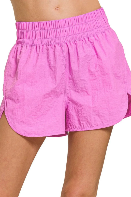 Zenana Windbreaker Smocked Waistband Running Shorts BRIGHT MAUVE Easy Apparels