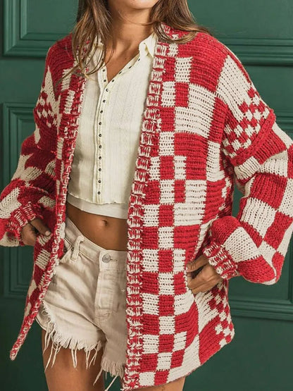 Checkered Open Front Long Sleeve Cardigan Easy Apparels