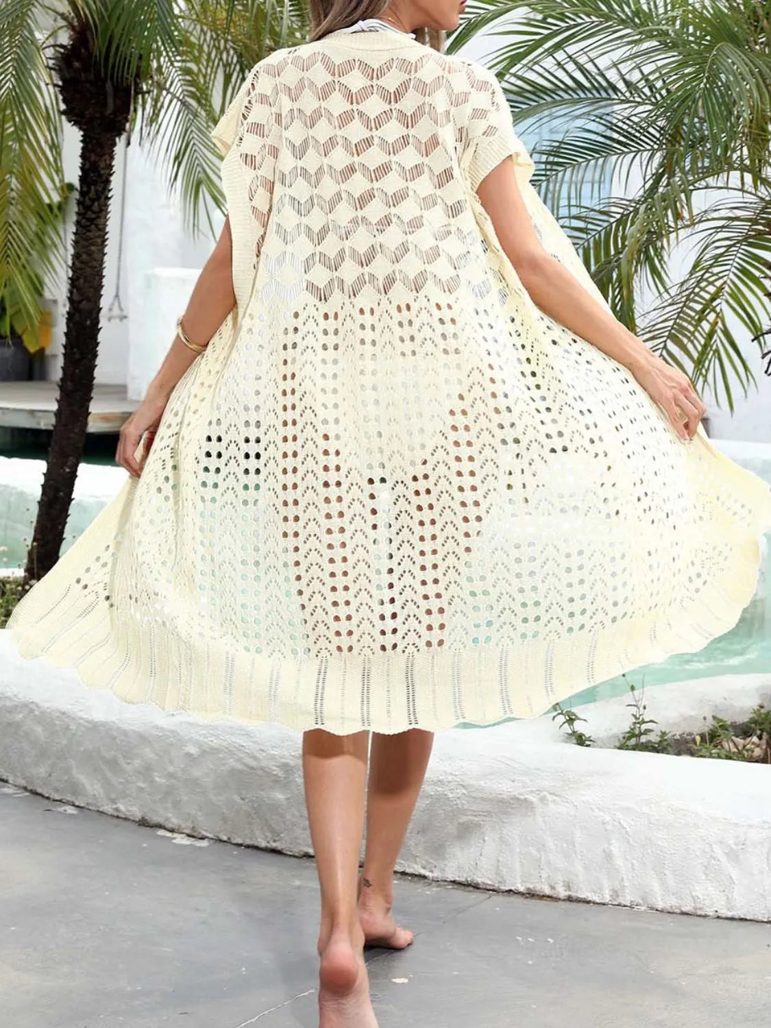 Open Front Short Sleeve Openwork Cover-Up Easy Apparels